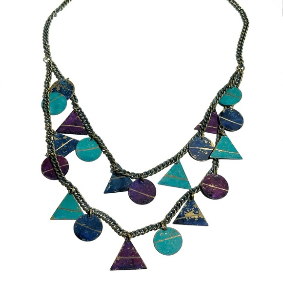 Vintage Purple Teal Blue Necklace Weathered Painted Brass Geometric Shapes 1980s - Picture 3 of 7